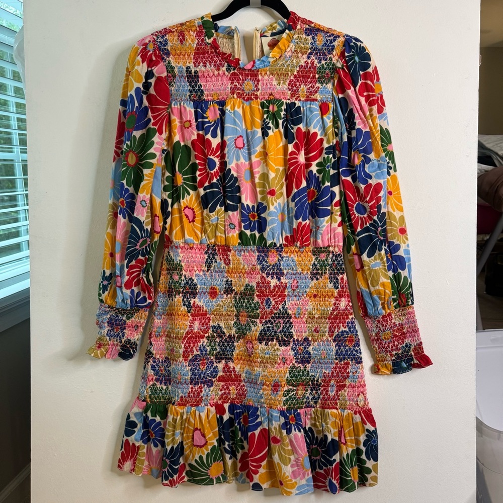 FARM Rio Sunny Daisies Floral Multicolored Smocked Ruffle Mini Dress Size M